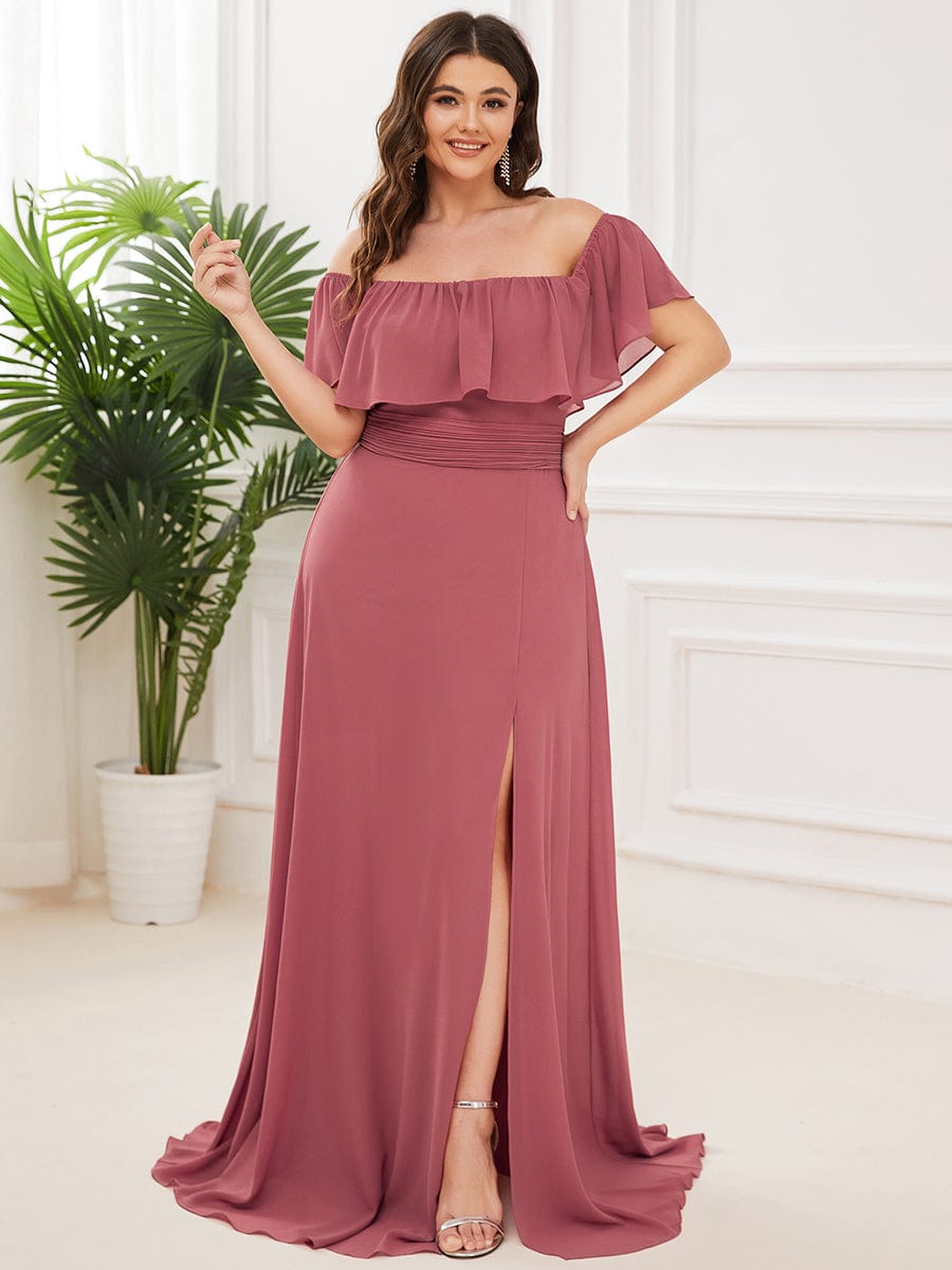 Custom Size Chiffon Ruffle Off Shoulder Thigh Slit Bridesmaid Dresses