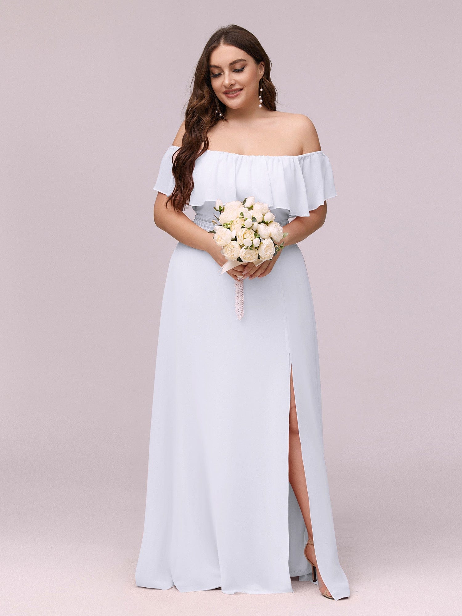 Custom Size Chiffon Ruffle Off Shoulder Thigh Slit Bridesmaid Dresses