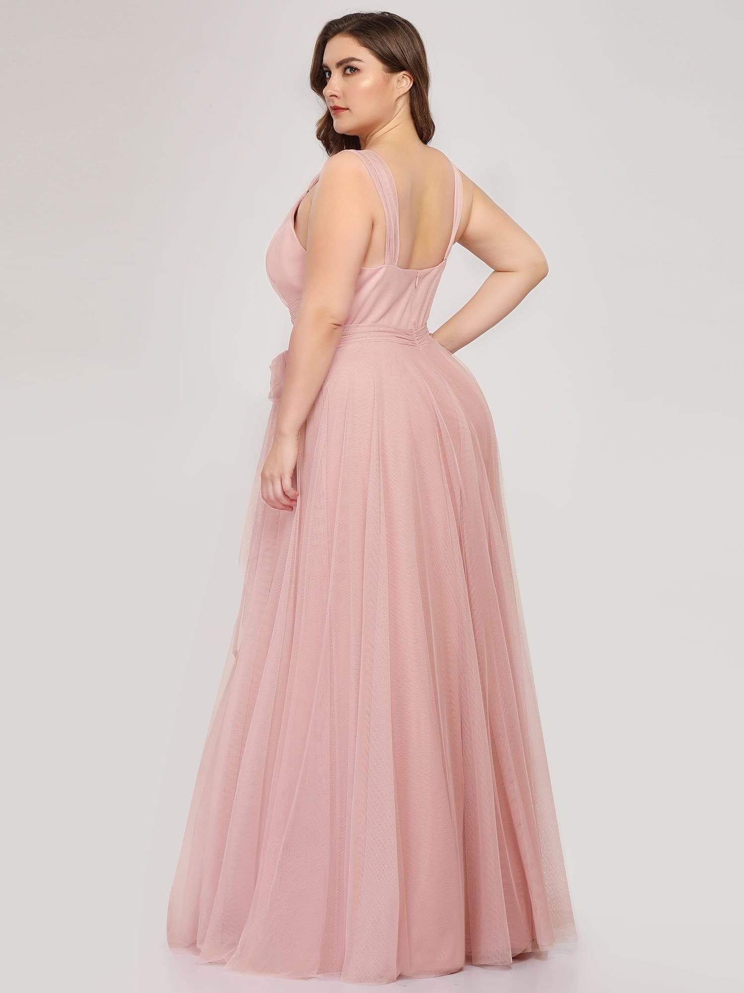 Plus Size Double V Neck Maxi Tulle Bridesmaid Dress