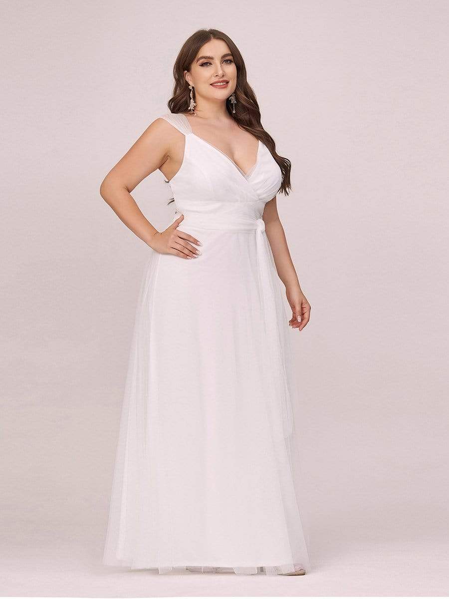 Deep V Neck Pleated Bodice Simple Tulle Wedding Dress