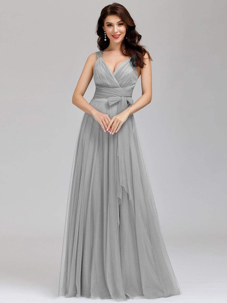 Floor Length Double V Neck Tulle Bridesmaid Dresses