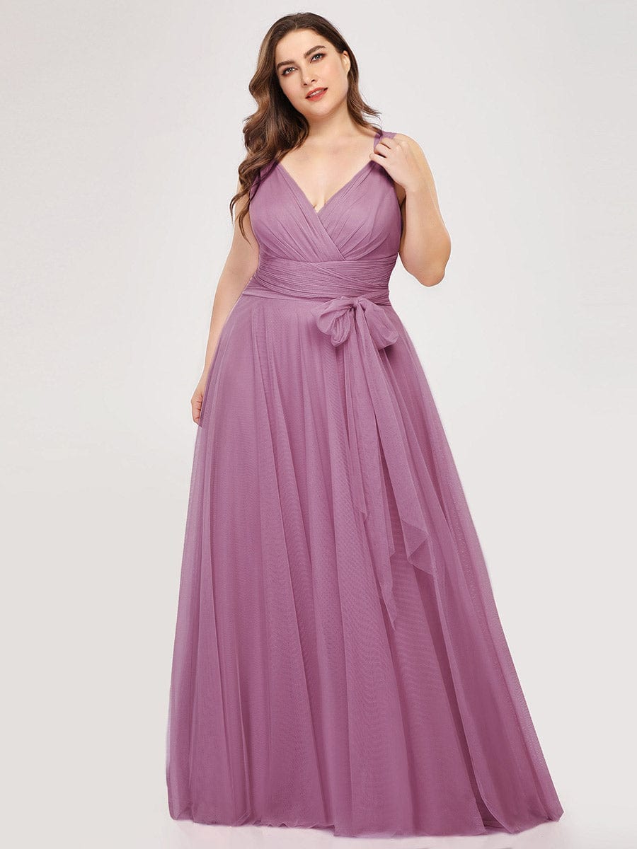 Custom Size Floor Length Double V Neck Tulle Bridesmaid Dresses