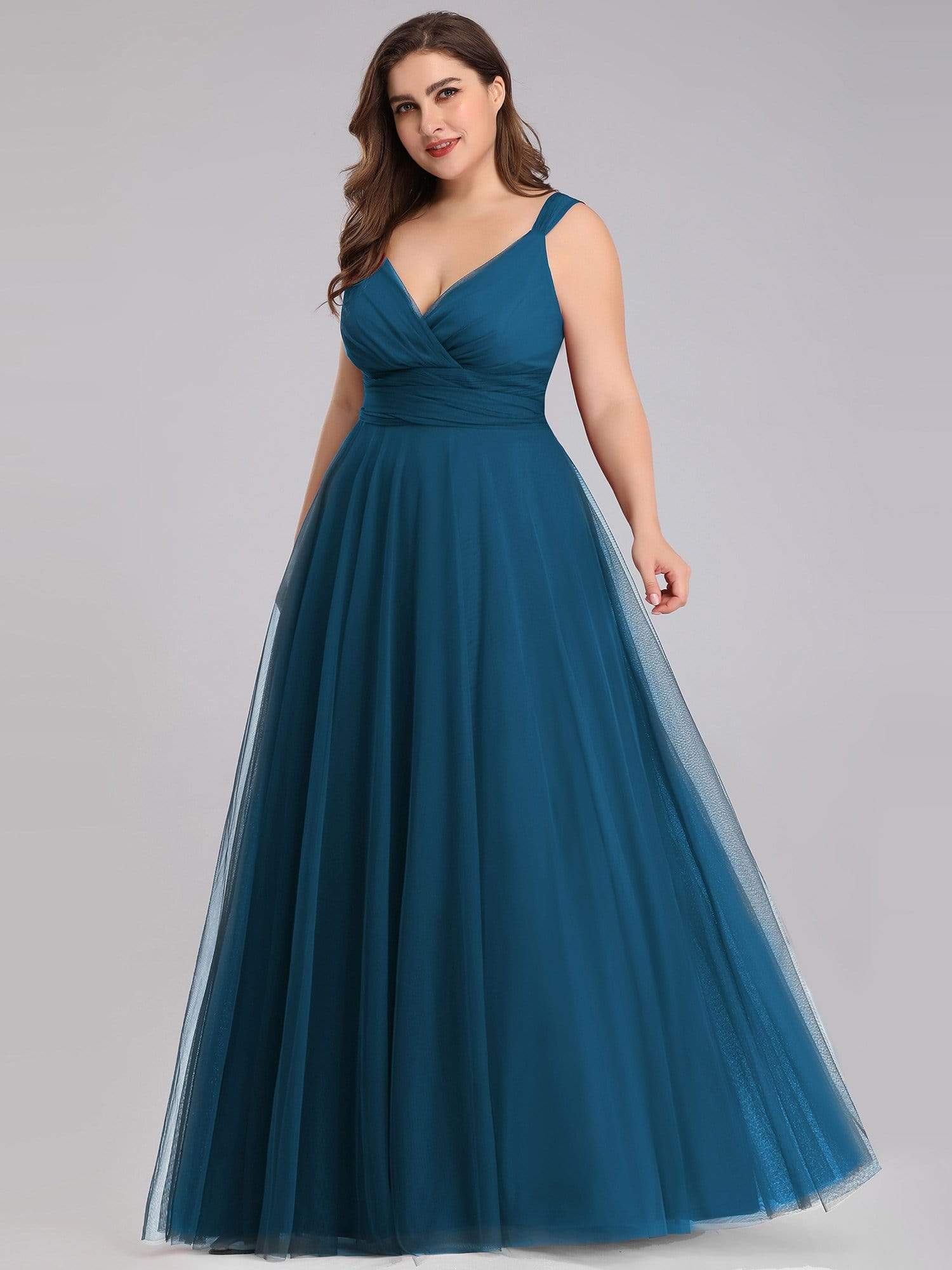 Plus Size Double V Neck Maxi Tulle Bridesmaid Dress