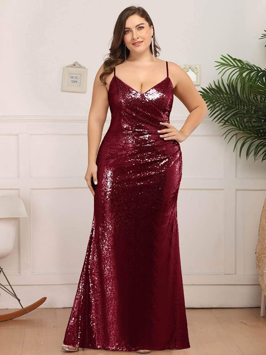 Sexy Plus Size V Neck Sequin Formal Evening Dress #color_Burgundy 