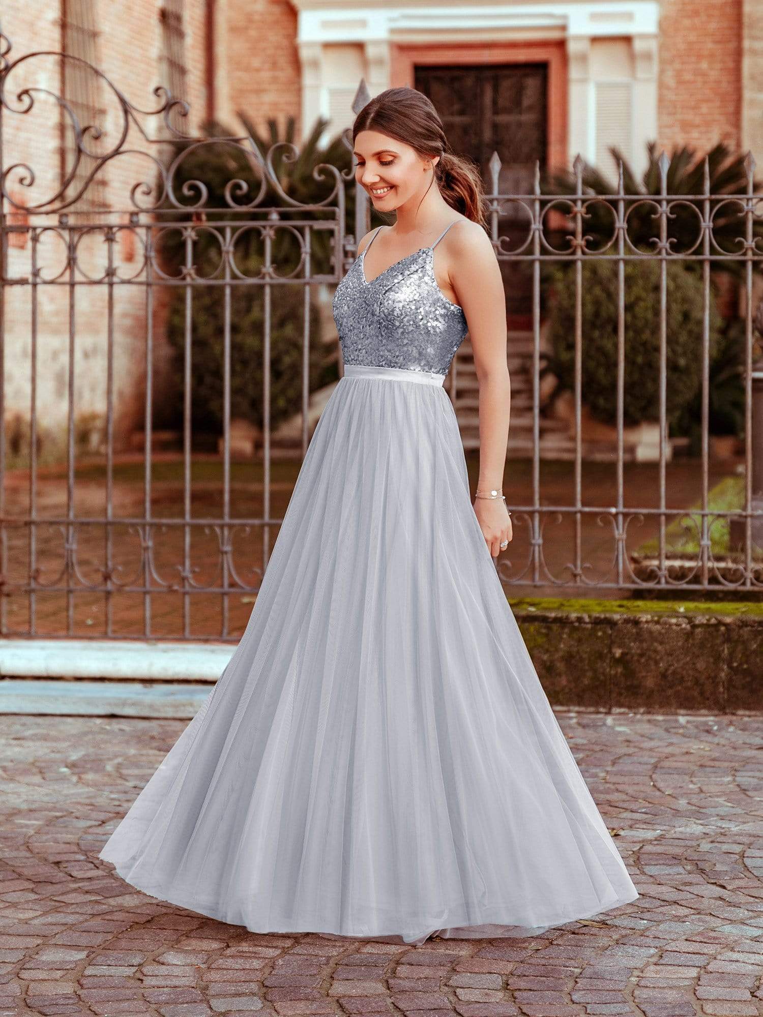 silver sequin floor length dress