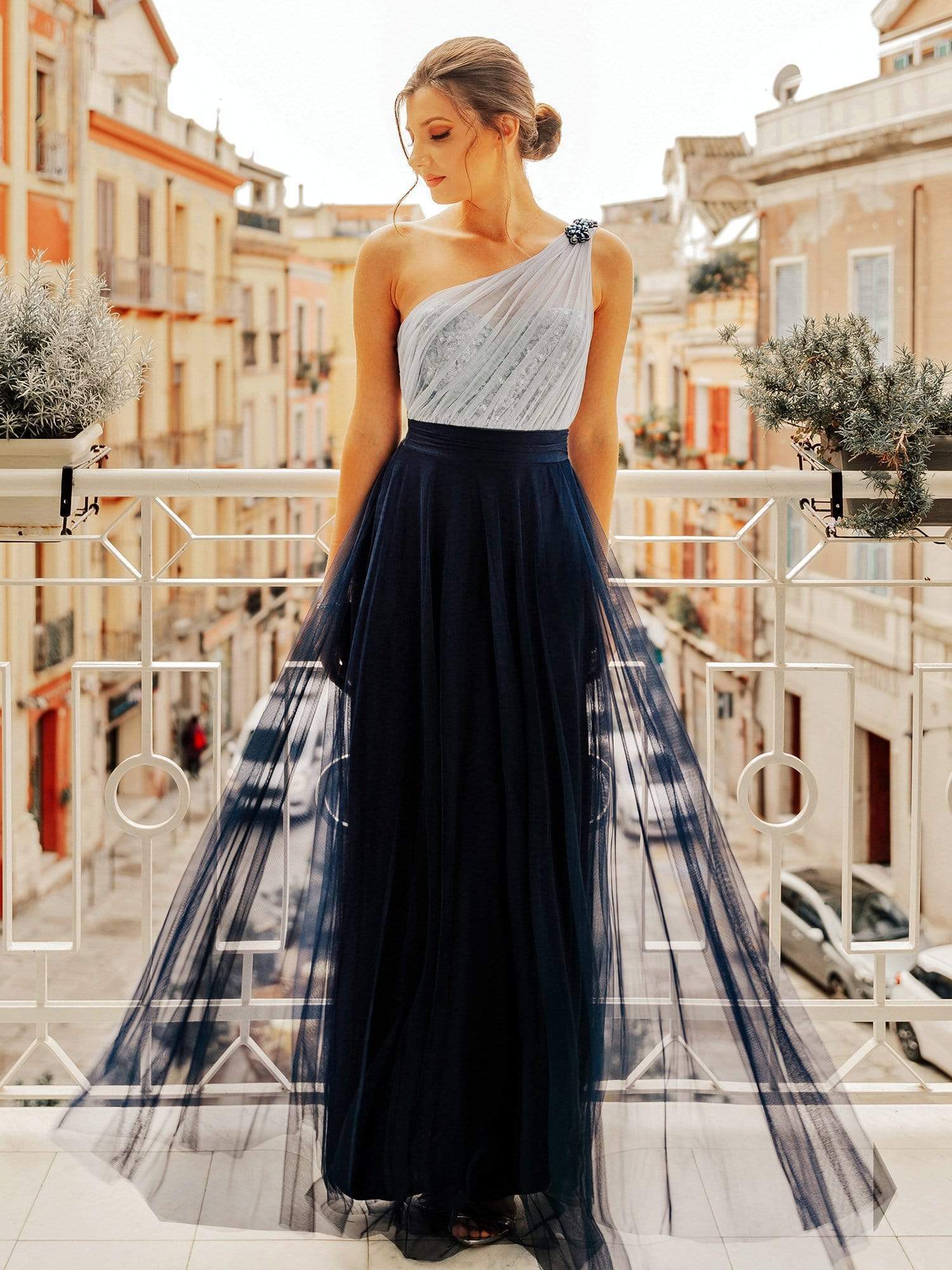 one shoulder navy maxi dress