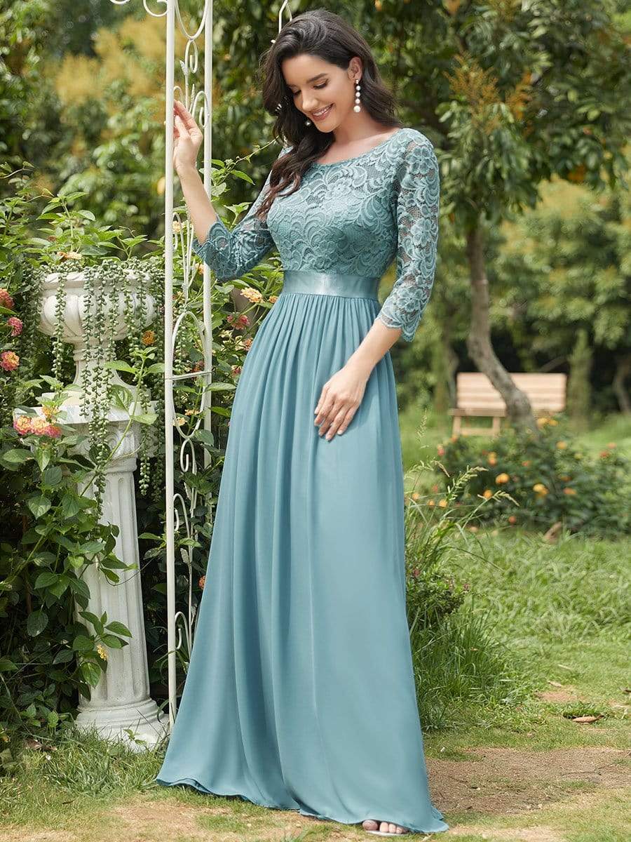 See-Through Floor Length Lace Chiffon Evening Dress with Half Sleeve