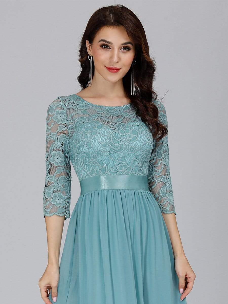 See-Through Floor Length Lace Chiffon Evening Dress with Half Sleeve