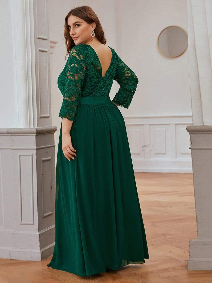 See-Through Floor Length Lace Chiffon Evening Dress with Half Sleeve