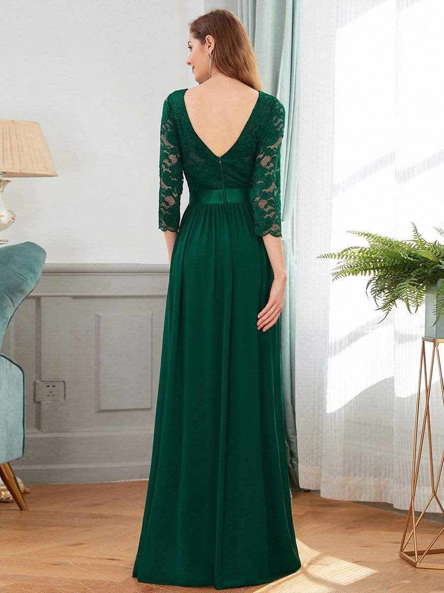 See-Through Floor Length Lace Chiffon Evening Dress with Half Sleeve