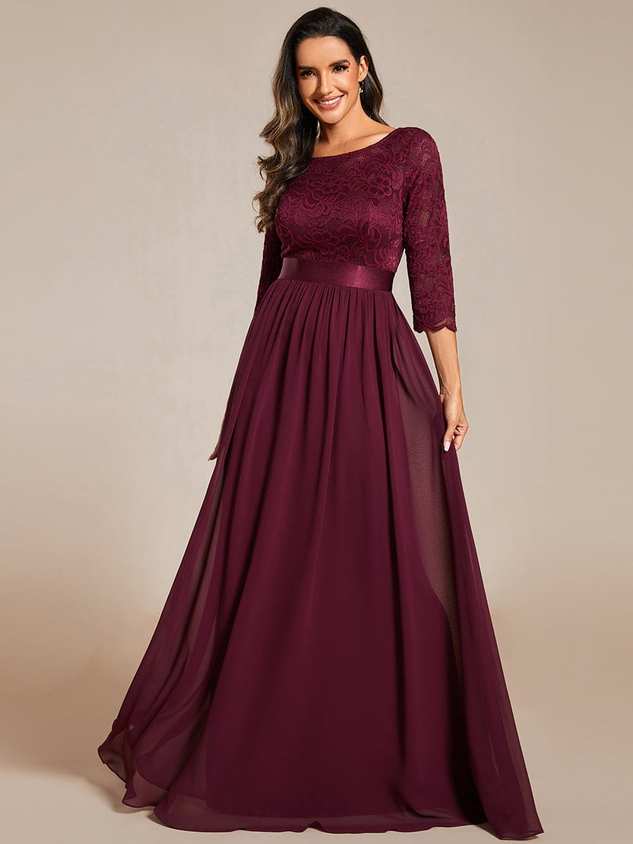 See-Through Floor Length Lace Chiffon Evening Dress with Half Sleeve