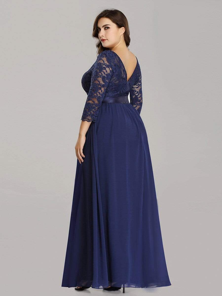 See-Through Floor Length Lace Chiffon Evening Dress with Half Sleeve