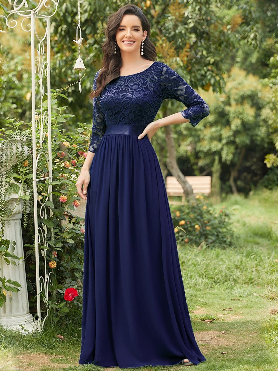 See-Through Floor Length Lace Chiffon Evening Dress with Half Sleeve