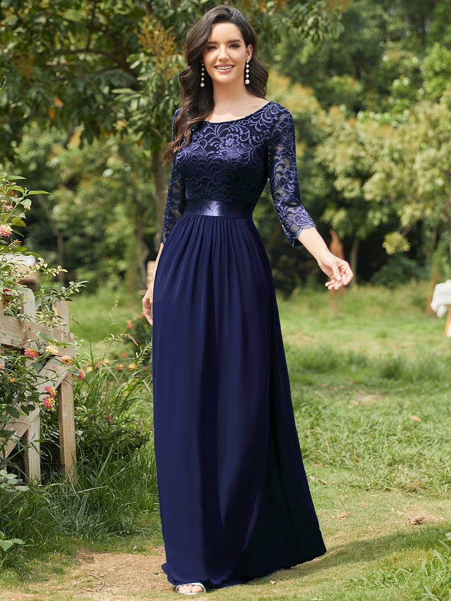 See-Through Floor Length Lace Chiffon Evening Dress with Half Sleeve