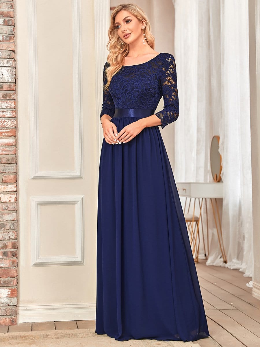 See-Through Floor Length Lace Chiffon Evening Dress with Half Sleeve