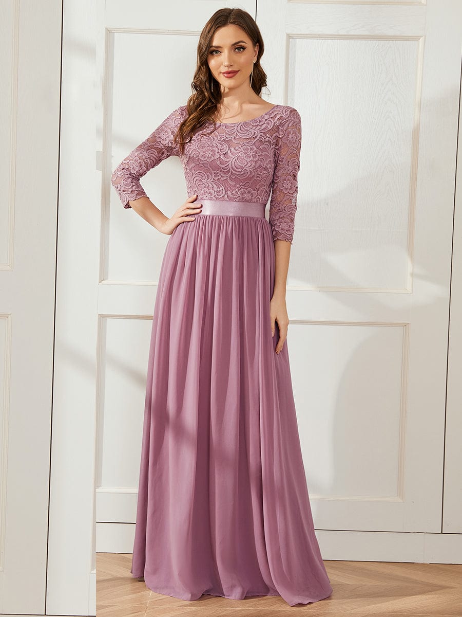 See-Through Floor Length Lace Chiffon Evening Dress with Half Sleeve