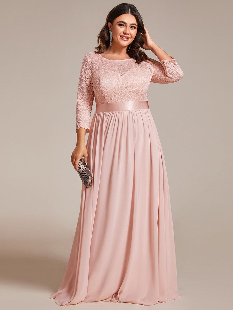 See-Through Floor Length Lace Chiffon Evening Dress with Half Sleeve