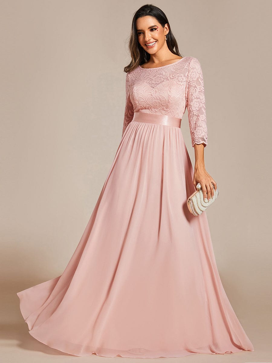 See-Through Floor Length Lace Chiffon Evening Dress with Half Sleeve