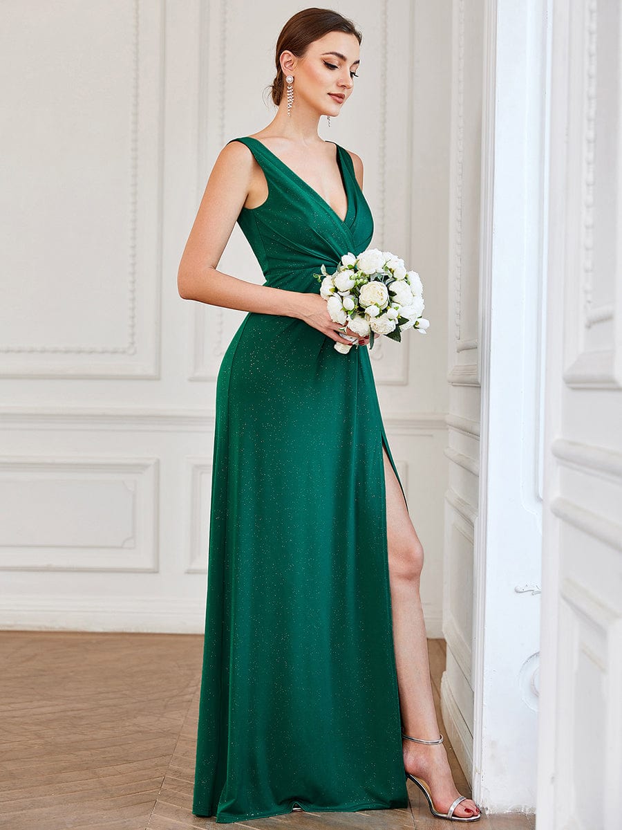 Floor Length V Neck Shiny Evening Dress with Side Slit