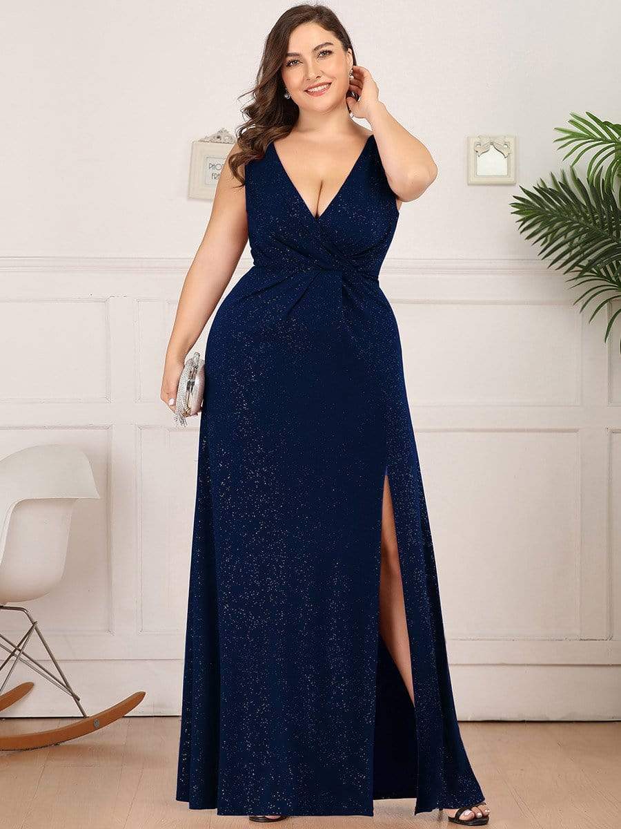 Plus Size Shiny V Neck Side Slit Formal Evening Dress