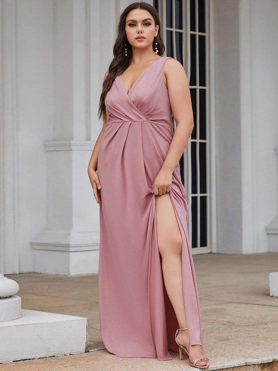 Floor Length V Neck Shiny Evening Dress with Side Slit