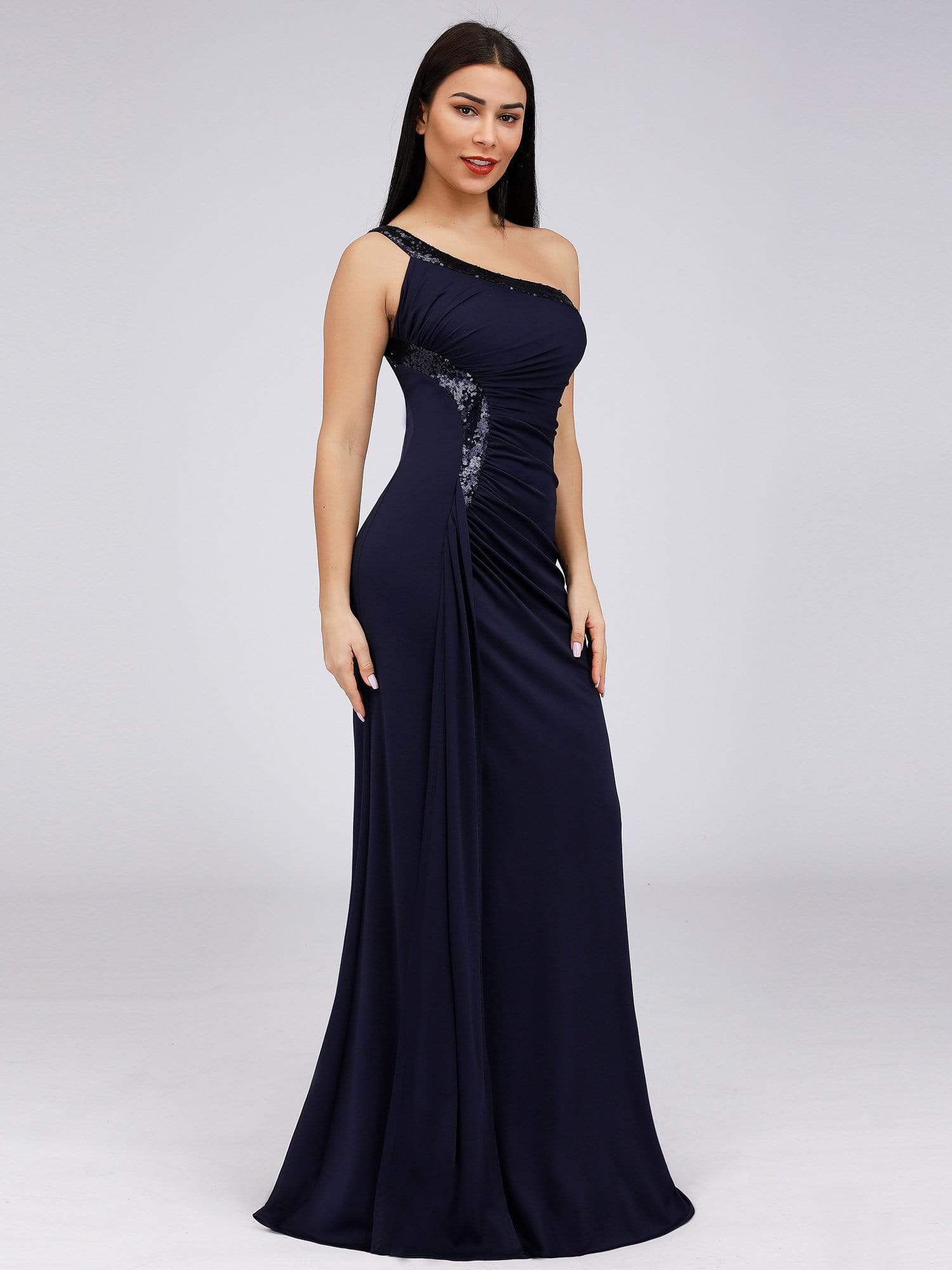 navy blue one shoulder dress