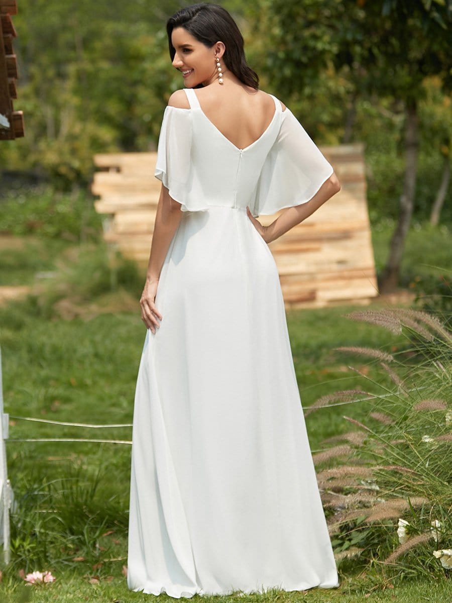 Double V Neck Cold Shoulder Flowy Chiffon Outdoor Wedding Dress