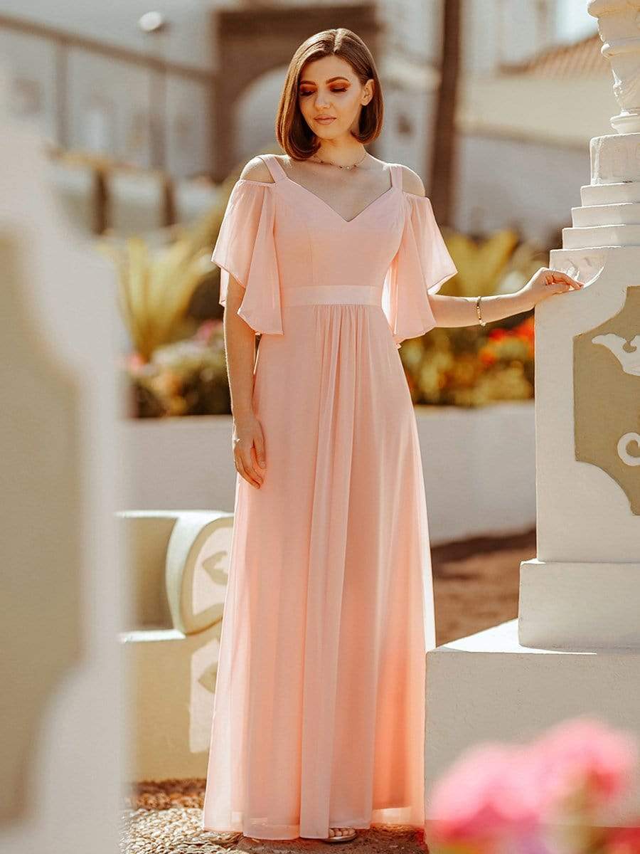 Elegant Cold Shoulder Flutter Sleeves Flowy Bridesmaid Dress