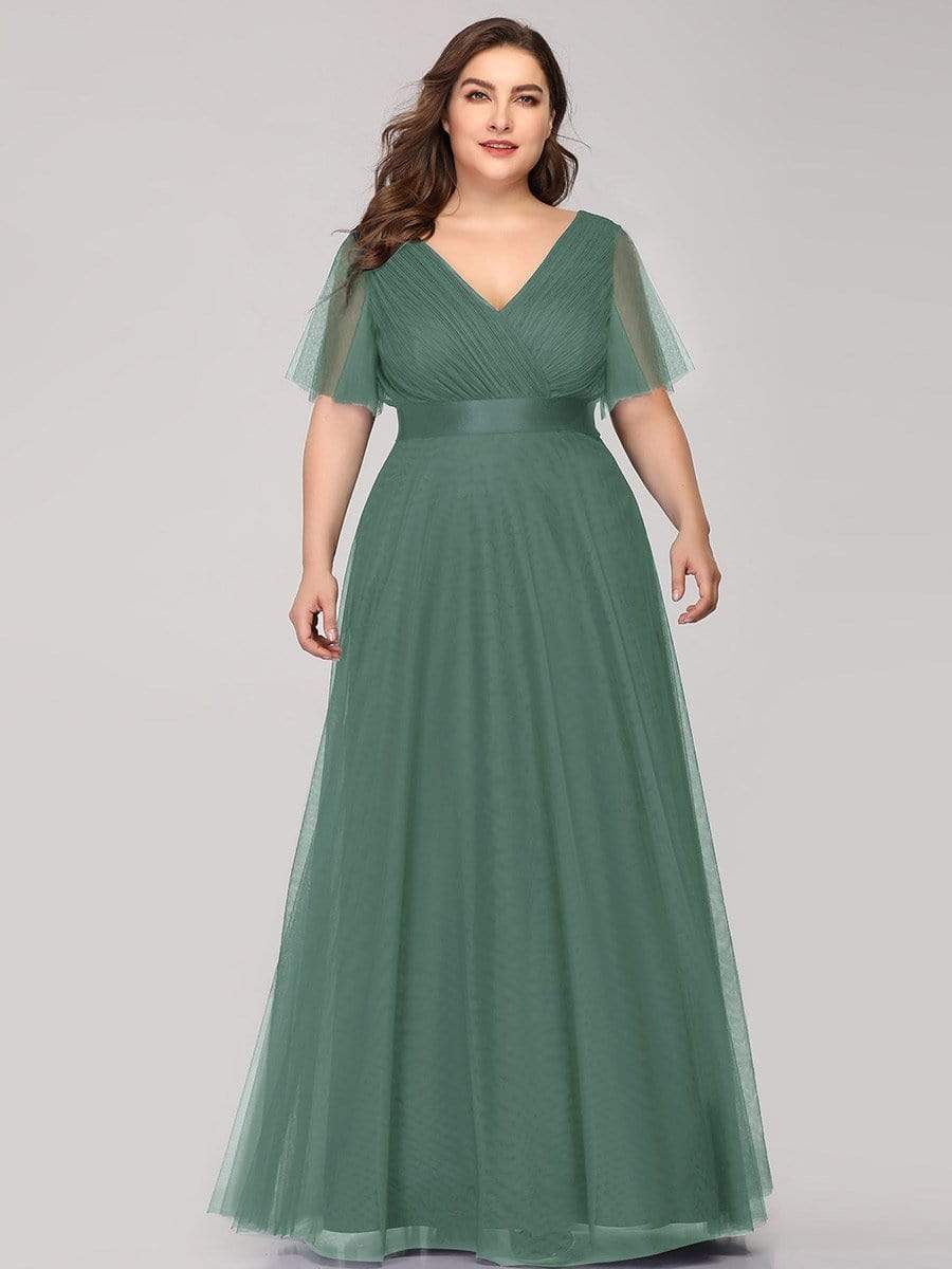 Women's Floor-Length Plus Size Formal Bridesmaid Dress with Short Sleeve