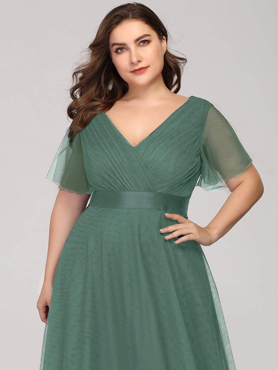 Women's Floor-Length Plus Size Formal Bridesmaid Dress with Short Sleeve