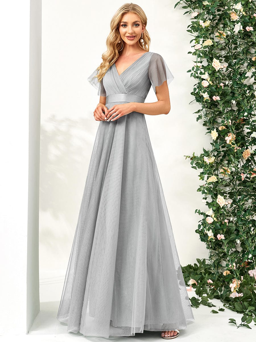 V-Neck Floor-Length Short Sleeve Tulle Bridesmaid Dresses