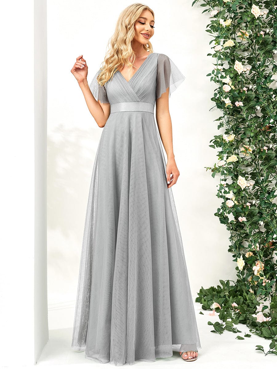 V-Neck Floor-Length Short Sleeve Tulle Bridesmaid Dresses