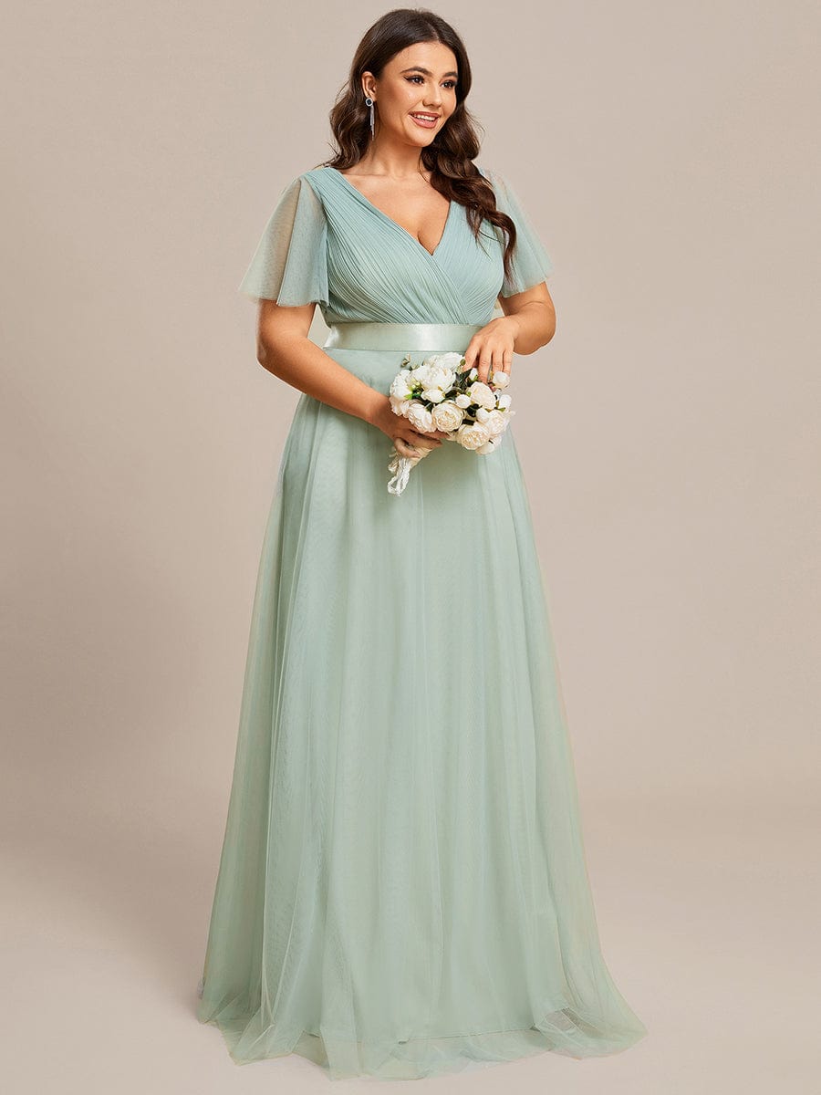 Custom Size Double V-Neck Floor-Length Short Sleeve Tulle Bridesmaid Dresses