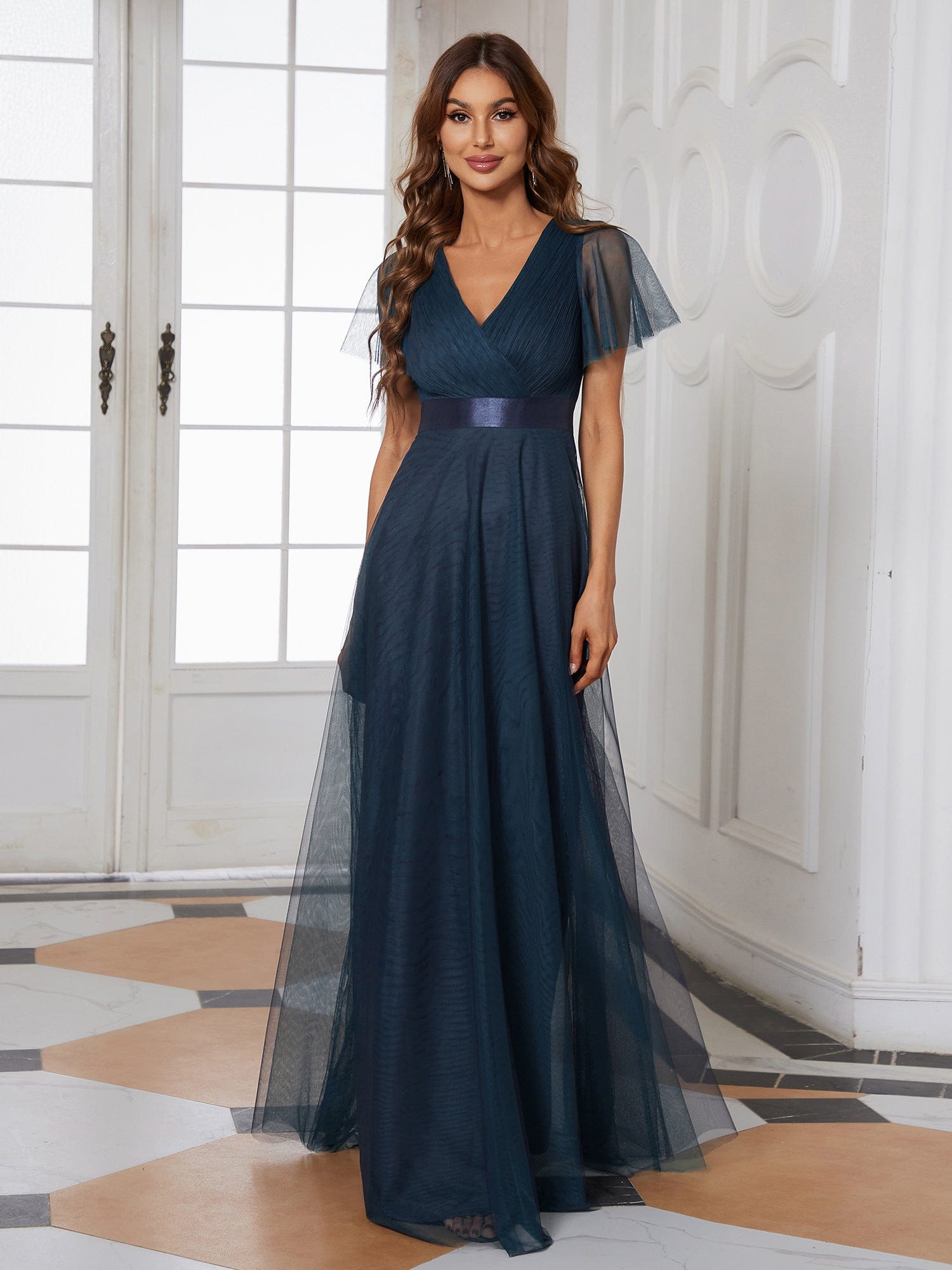 Custom Size Double V-Neck Floor-Length Short Sleeve Tulle Bridesmaid Dresses