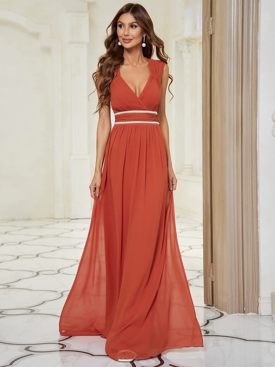 V-Neck Sleeveless Beaded Belt Chiffon A-Line Evening Dress