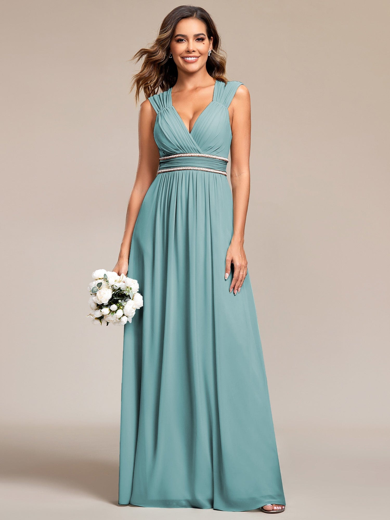 Custom Size V-Neck Sleeveless Beaded Belt Chiffon A-Line Evening Dress