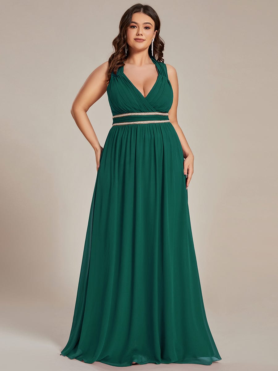 V-Neck Sleeveless Beaded Belt Chiffon A-Line Evening Dress