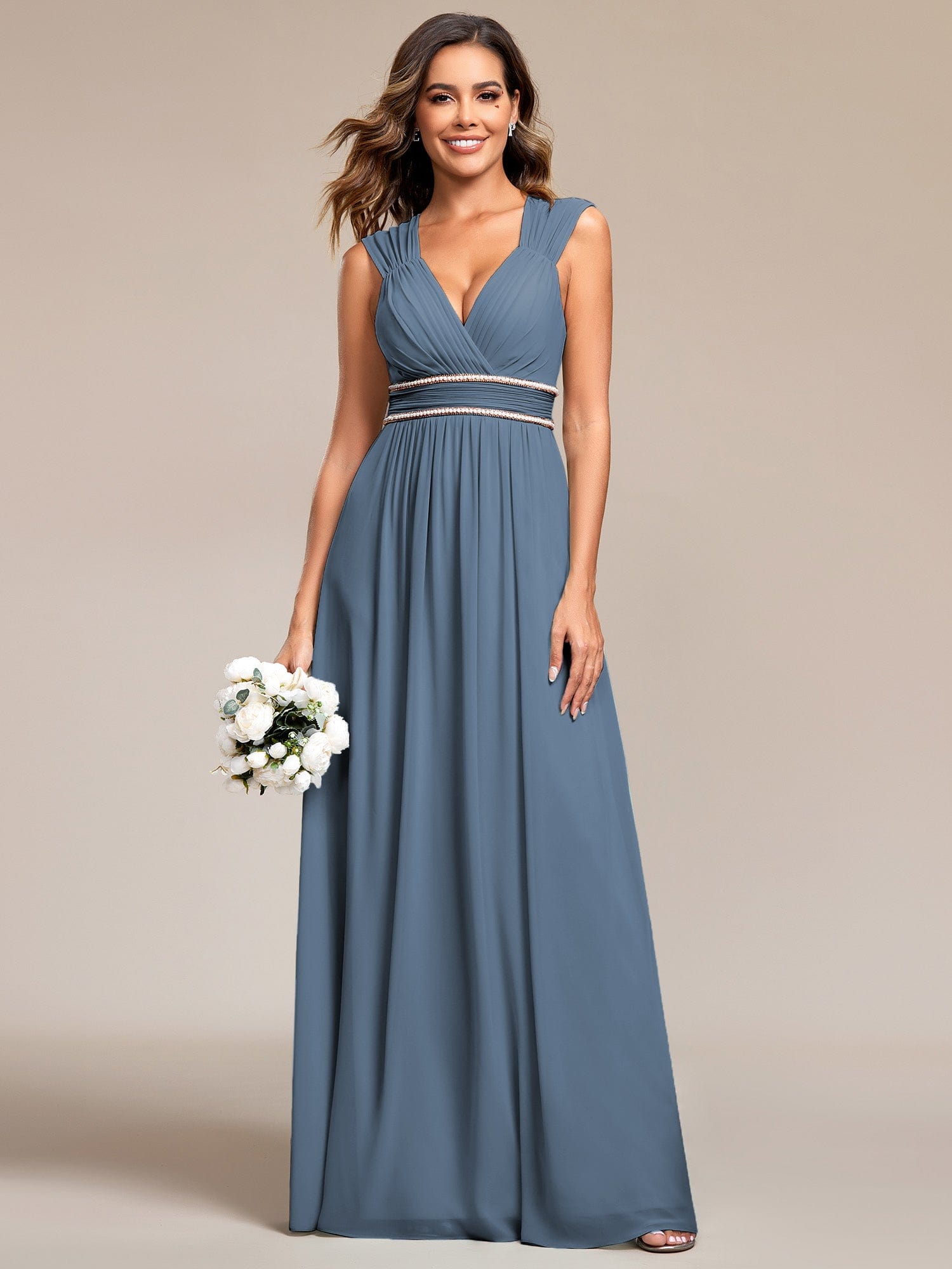 Custom Size V-Neck Sleeveless Beaded Belt Chiffon A-Line Evening Dress