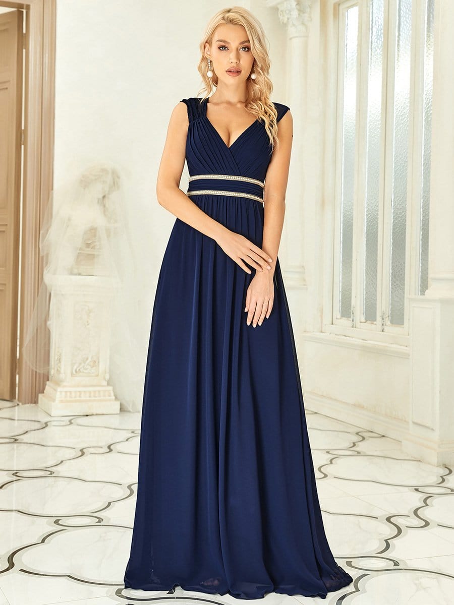 V-Neck Sleeveless Beaded Belt Chiffon A-Line Evening Dress