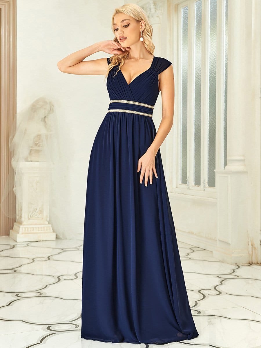 V-Neck Sleeveless Beaded Belt Chiffon A-Line Evening Dress