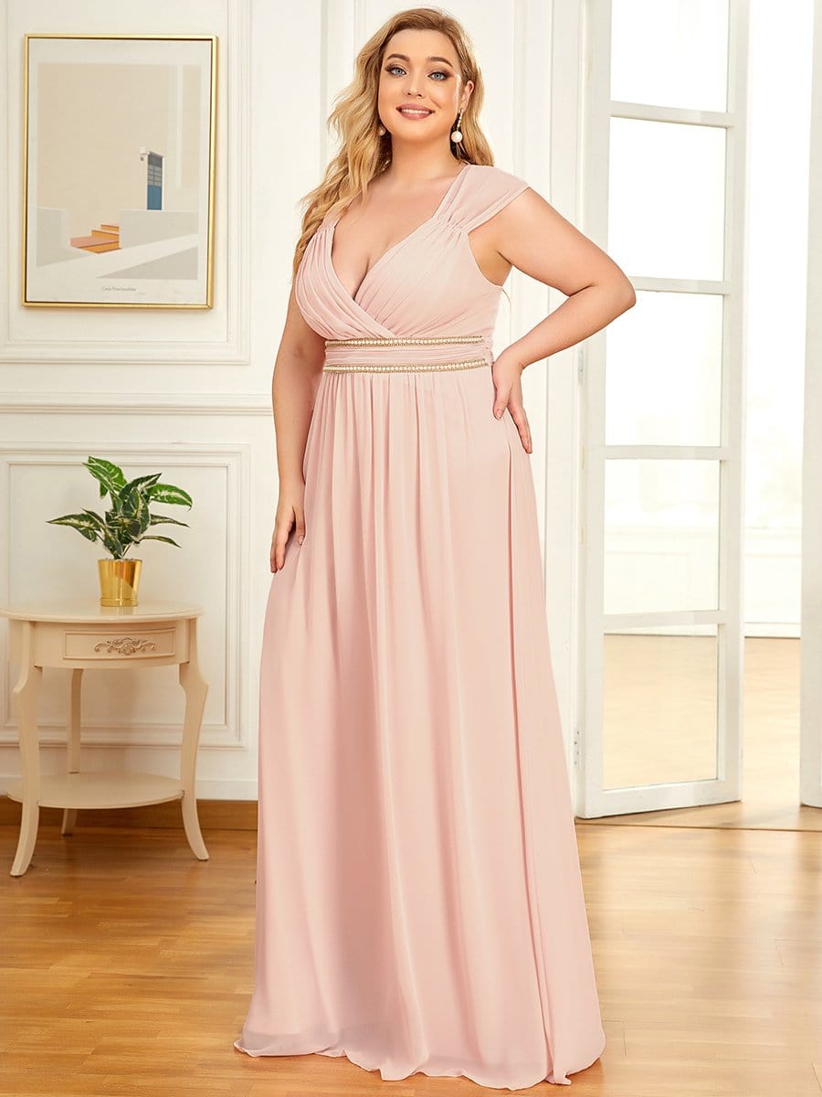 V-Neck Sleeveless Beaded Belt Chiffon A-Line Evening Dress