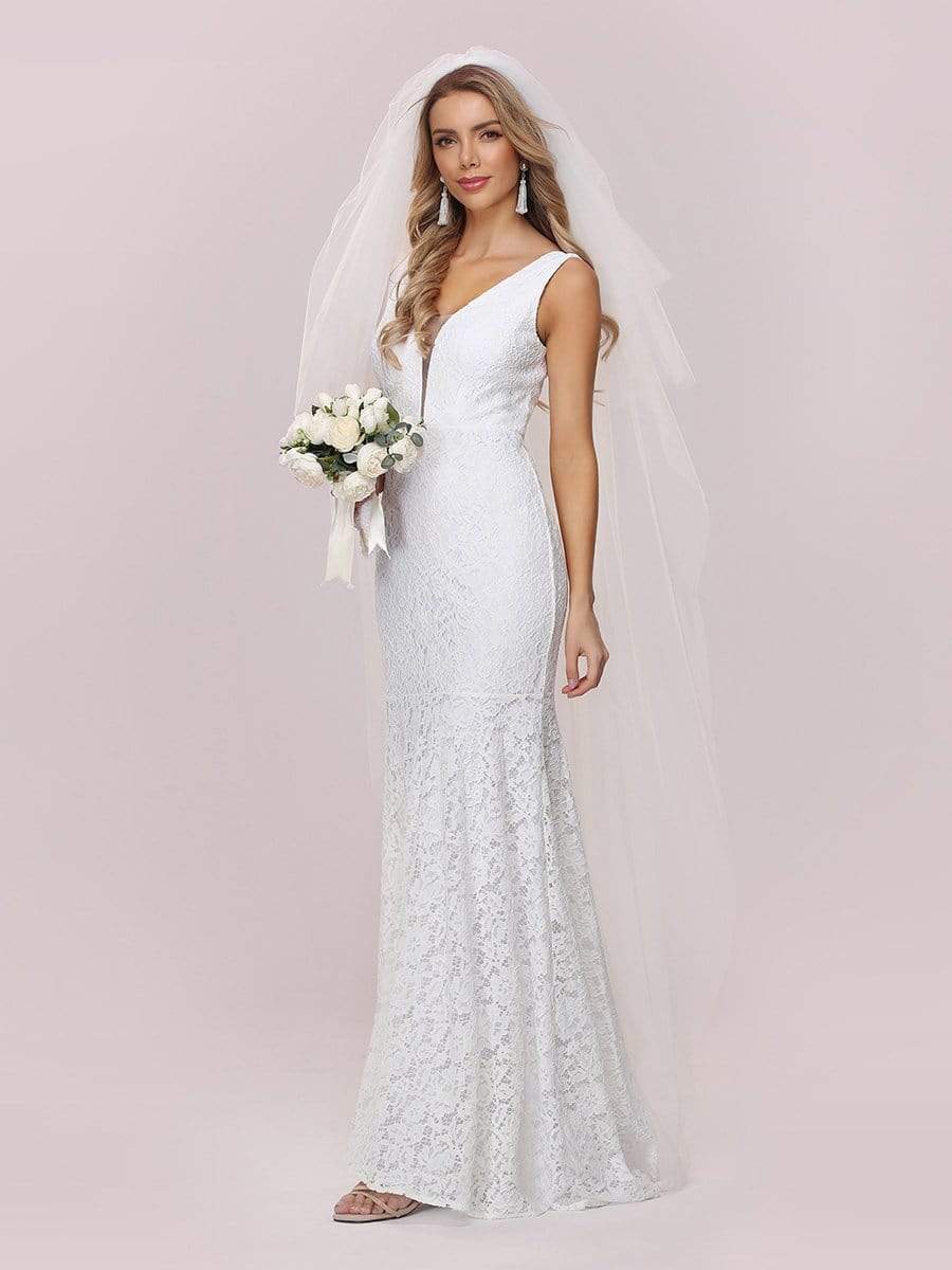 Dainty Deep V Neck Sleeveless Fishtail Lace Wedding Dress