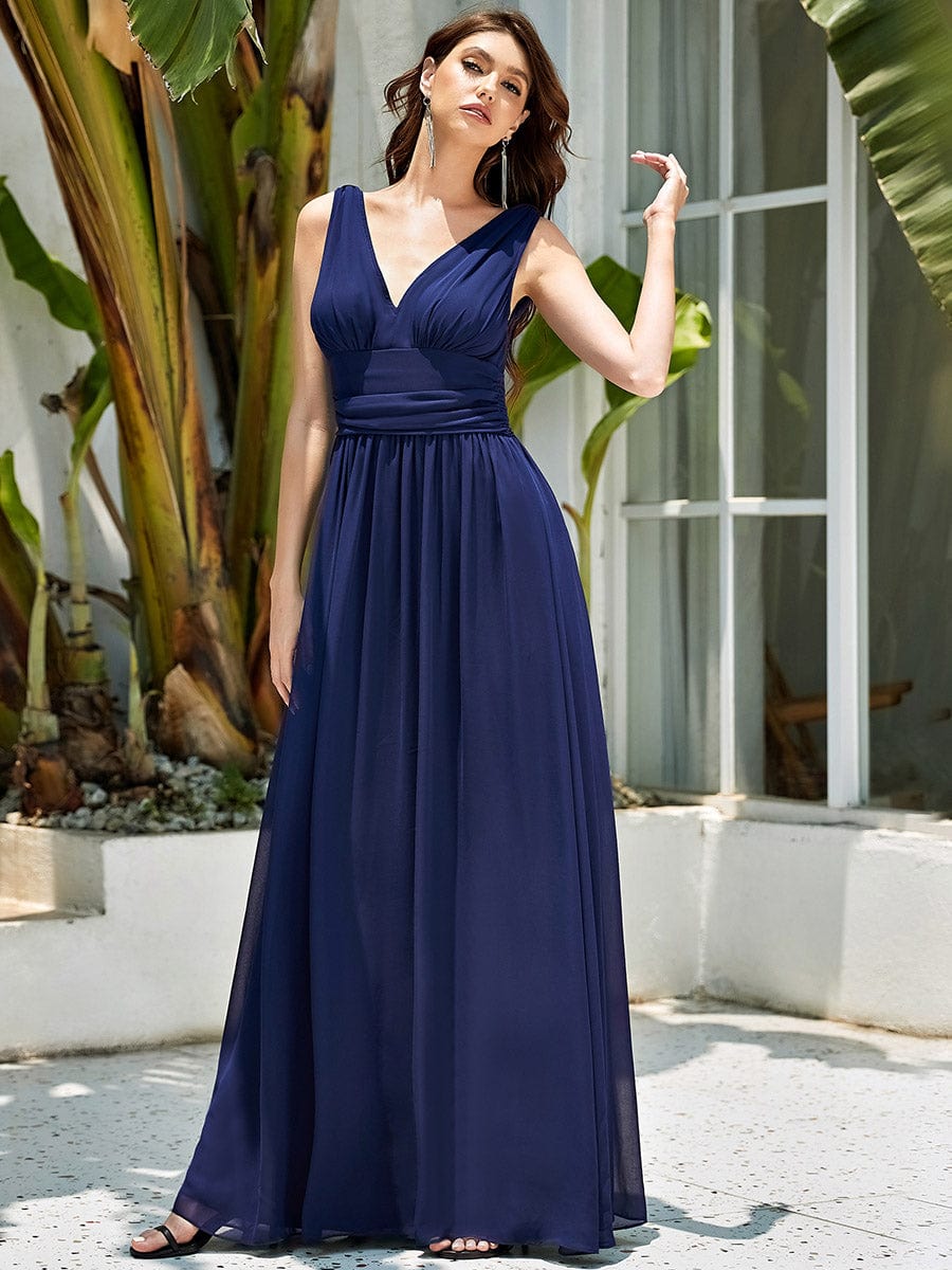 Sleeveless V-Neck Plain Chiffon Maxi Bridesmaid Dress