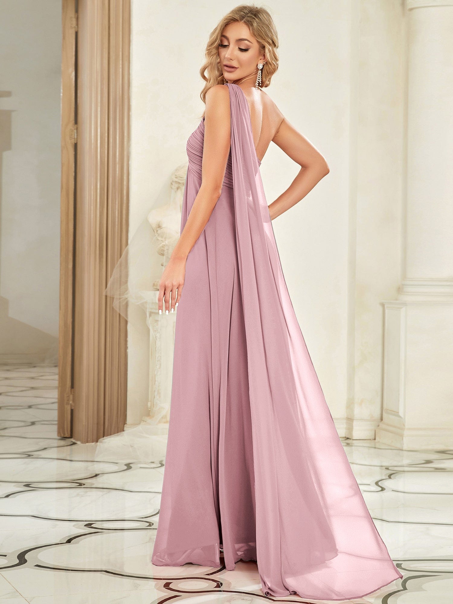 Custom Size Pleated One Shoulder Long Chiffon Formal Evening Dress