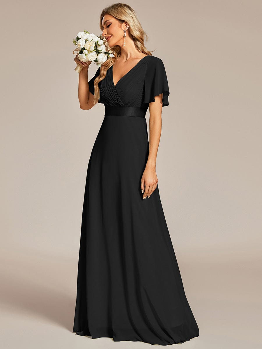 Long Chiffon Empire Waist Bridesmaid Dress with Short Flutter Sleeves