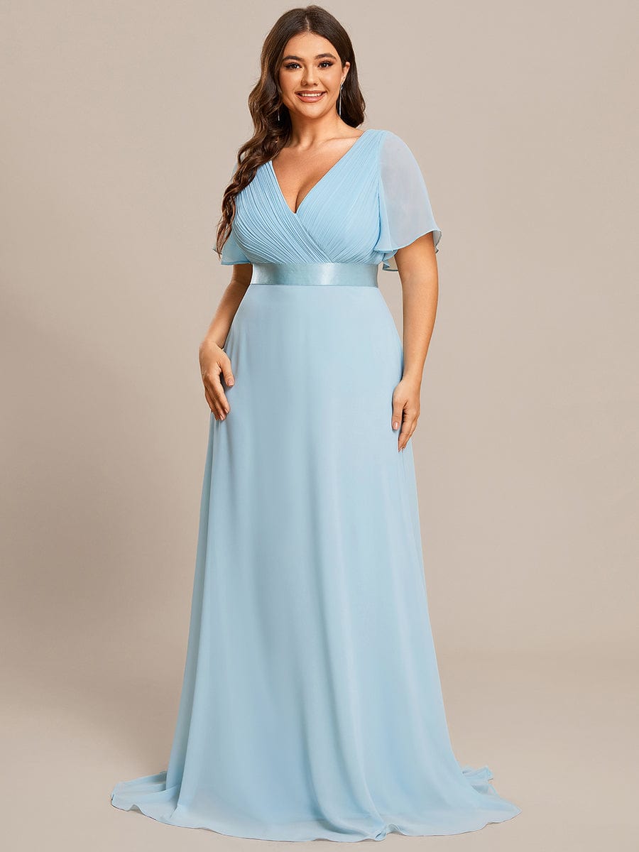 Long Chiffon Empire Waist Bridesmaid Dress with Short Flutter Sleeves