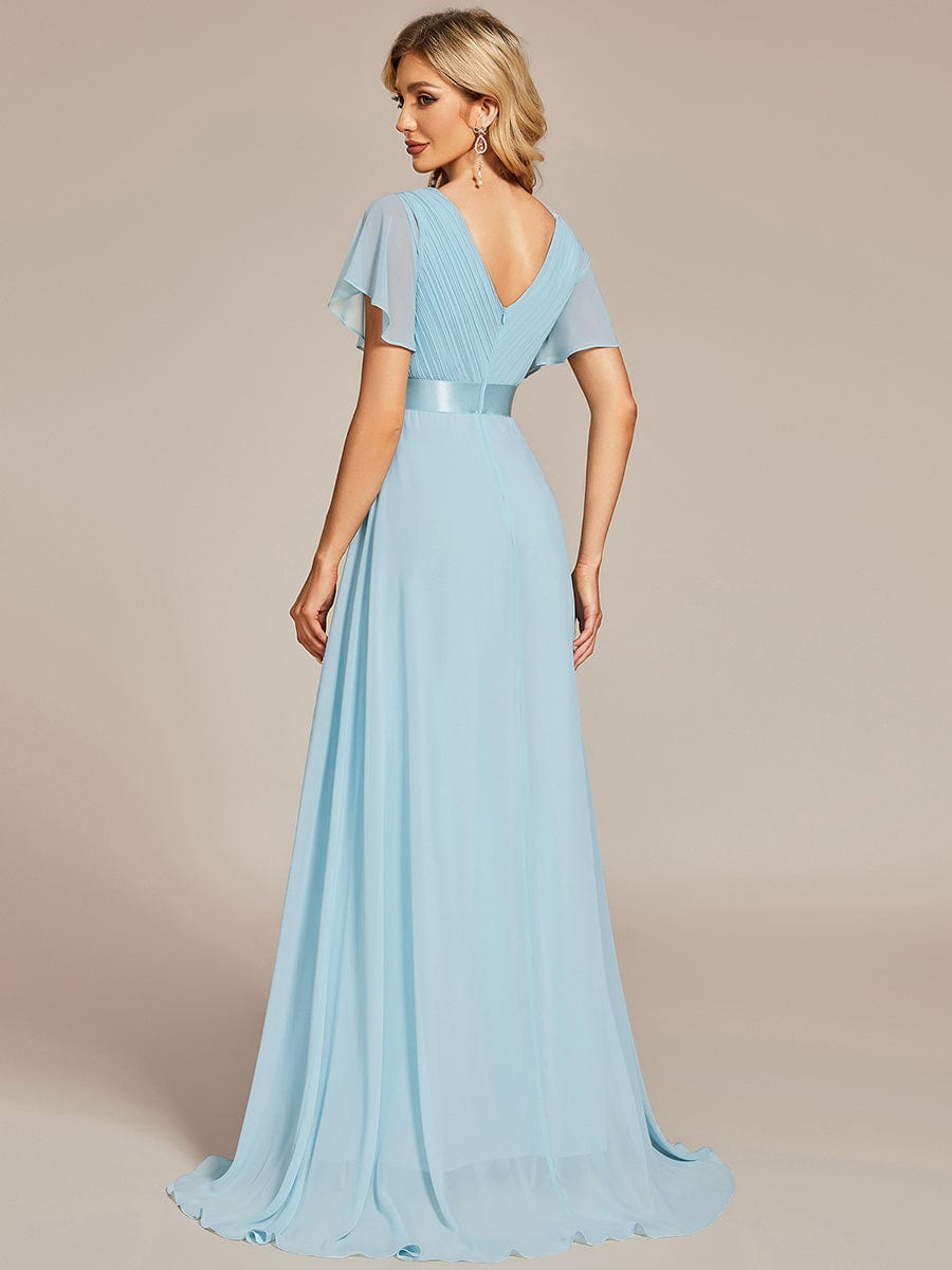 Long Chiffon Empire Waist Bridesmaid Dress with Short Flutter Sleeves