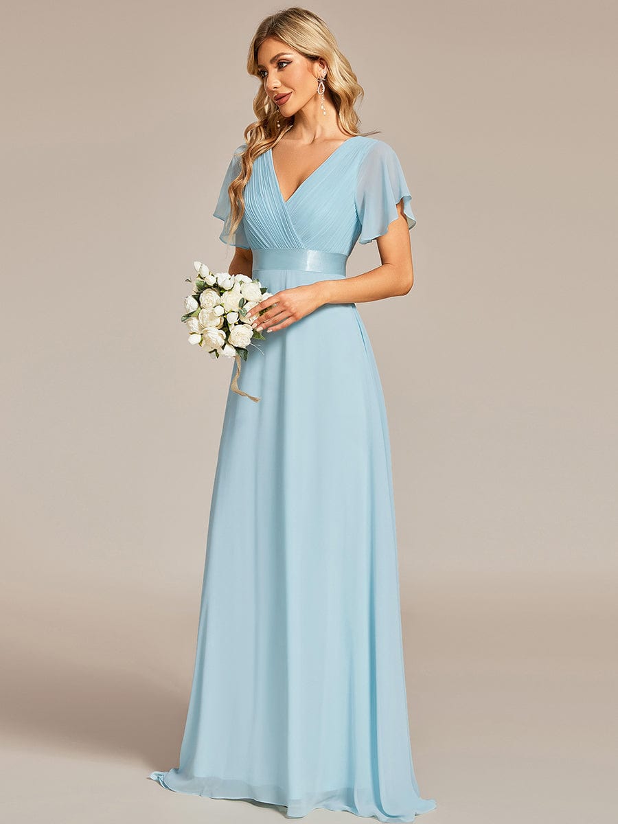 Long Chiffon Empire Waist Bridesmaid Dress with Short Flutter Sleeves