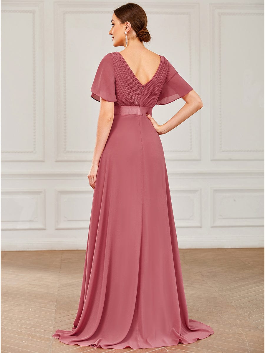 Long Chiffon Empire Waist Bridesmaid Dress with Short Flutter Sleeves