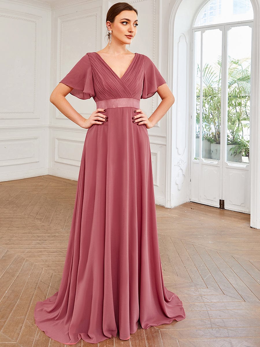 Long Chiffon Empire Waist Bridesmaid Dress with Short Flutter Sleeves